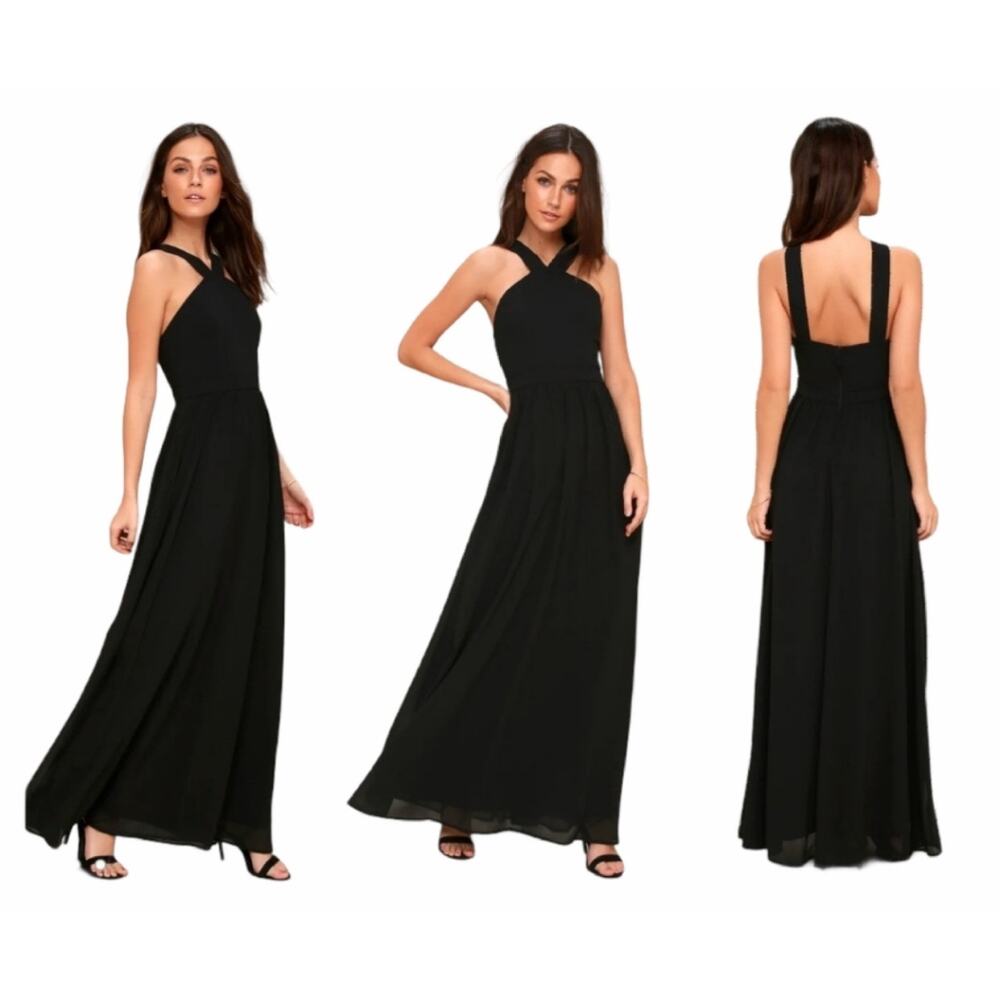Lulus Dress XL Formal‎ Full Length Chiffon Maxi Black Whimsigoth Air of Romance